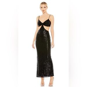 Mac Duggal Sequined Spaghetti Strap Cut Out Gown- Black- Size 8- NWT